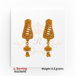 22kt gold jhumka-style long earrings with intricate mesh-like triangular top and ornate bell-shaped drops, product code RJLE3670, weight 4.3 grams.