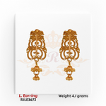22kt gold long earrings featuring intricate filigree and floral motifs with traditional hanging beads, product code RJLE3672, weight 4.1 grams.