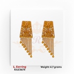 22kt gold long earrings featuring a floral-engraved trapezoid top with multiple gold ball chain tassels, product code RJLE3674, weight 4.7 grams.