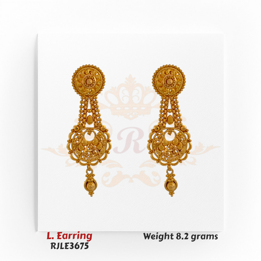 22kt gold long earrings with a round floral top, cascading granulated strands, and intricately designed circular danglers, product code RJLE3675, weight 8.2 grams.
