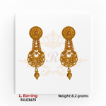 22kt gold long earrings with a round floral top, cascading granulated strands, and intricately designed circular danglers, product code RJLE3675, weight 8.2 grams.