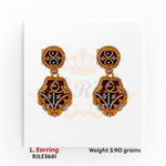 22kt gold long earrings with intricate maroon and white enamel work, floral lattice design, and studded accents, product code RJLE3681, weight 3.90 grams.