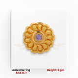 22KT gold ladies floral earring with textured petals and purple CZ center weighing 2 grams on white background