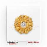 22KT gold ladies floral earring with rope-style petals and central white CZ stone weighing 1.6 grams on white background