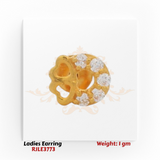 22KT gold ladies earring with heart motif and white CZ stone accents weighing 1 gram on white background