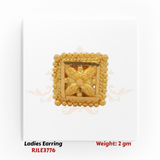 22KT gold ladies square stud earring with beaded border and floral center design weighing 2 grams on white background