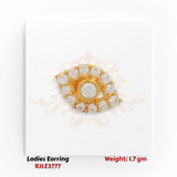 22KT gold ladies eye-shaped earring with central CZ and halo of white stones weighing 1.7 grams on white background