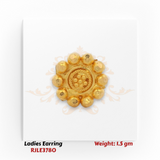 22KT gold ladies floral stud earring with polished bead border and rope-style center weighing 1.5 grams on white background