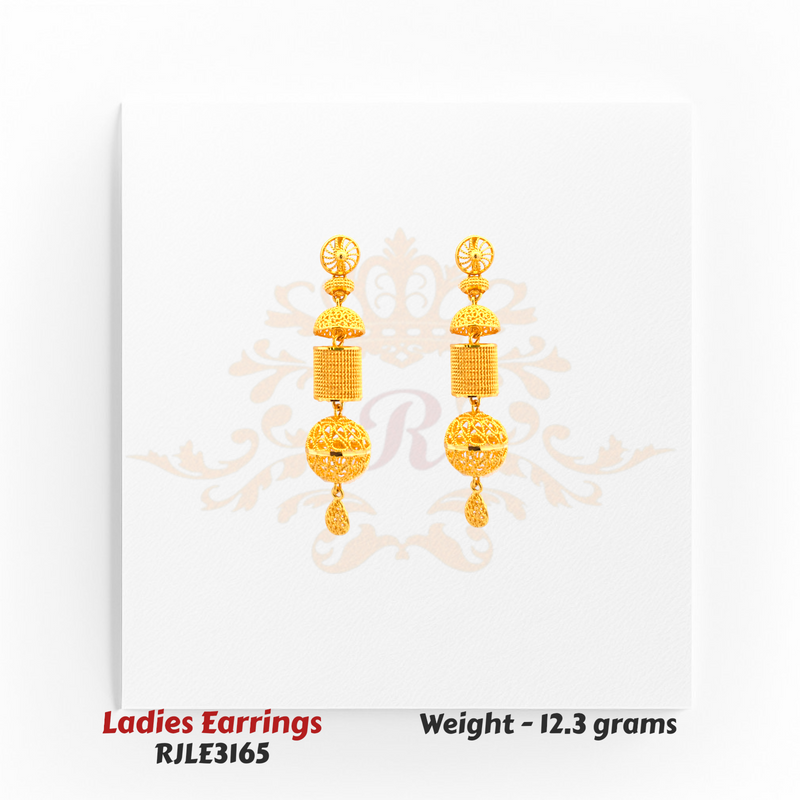 RJLE3165 – 22kt Gold Ladies Cylindrical Filigree Drop Earrings with geometric textures and lattice finish, adding a modern edge to classic gold style – Regal Jewels Chicago.