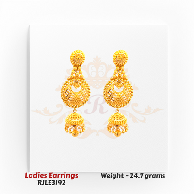 RJLE3192 – 22kt Gold Ladies Antique Circle Jhumka Earrings featuring traditional craftsmanship with ornate lattice details and dome drops – Regal Jewels Chicago.