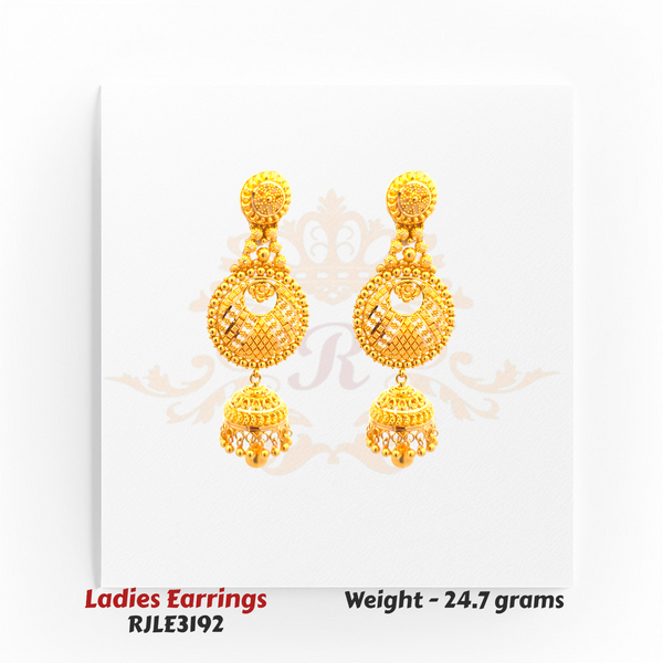 RJLE3192 – 22kt Gold Ladies Antique Circle Jhumka Earrings featuring traditional craftsmanship with ornate lattice details and dome drops – Regal Jewels Chicago.