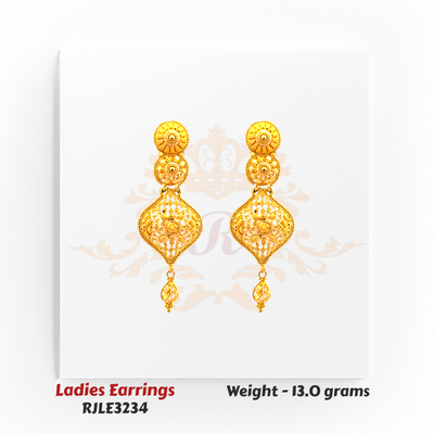 RJLE3234 – 22kt Gold Ladies Floral Filigree Drop Earrings with elegant cutwork and layered patterns, ideal for festive or everyday elegance – Regal Jewels Chicago.
