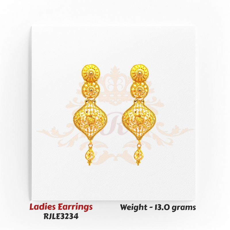 RJLE3234 – 22kt Gold Ladies Floral Filigree Drop Earrings with elegant cutwork and layered patterns, ideal for festive or everyday elegance – Regal Jewels Chicago.
