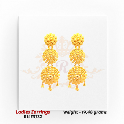 RJLE3732 – 22kt Gold Ladies Layered Floral Cluster Earrings handcrafted with textured circular motifs and tiny gold beads for a regal statement – Regal Jewels Chicago.