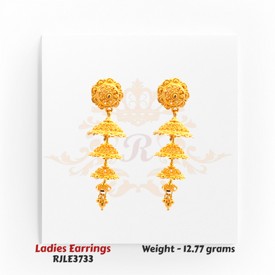 RJLE3733 – 22kt Gold Ladies Triple Layer Jhumka Earrings with detailed dome tiers and floral top, a perfect blend of grace and tradition – Regal Jewels Chicago.