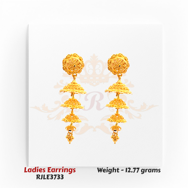 RJLE3733 – 22kt Gold Ladies Triple Layer Jhumka Earrings with detailed dome tiers and floral top, a perfect blend of grace and tradition – Regal Jewels Chicago.