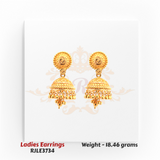 RJLE3734 – 22kt Gold Ladies Round Floral Jhumka Earrings with intricate circular tops and bead-fringed dome drops for timeless festive beauty – Regal Jewels Chicago.