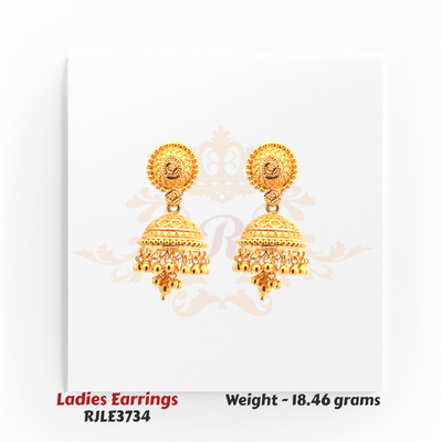 RJLE3734 – 22kt Gold Ladies Round Floral Jhumka Earrings with intricate circular tops and bead-fringed dome drops for timeless festive beauty – Regal Jewels Chicago.