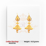 RJLE3735 – 22kt Gold Ladies Cone-Shaped Hanging Jhumka Earrings with latticework patterns and elegant multi-tiered design for weddings and celebrations – Regal Jewels Chicago.