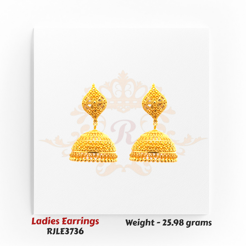 RJLE3736 – 22kt Gold Ladies Dome Jhumka Earrings featuring traditional handcrafted filigree detailing and hanging gold beads, ideal for weddings and festive wear – Regal Jewels Chicago.