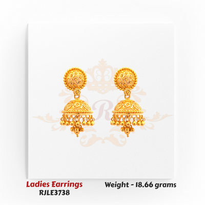 RJLE3738 – 22kt Gold Ladies Round Dome Jhumka Earrings with circular top design and tiered bead drops for a timeless ethnic appearance – Regal Jewels Chicago.