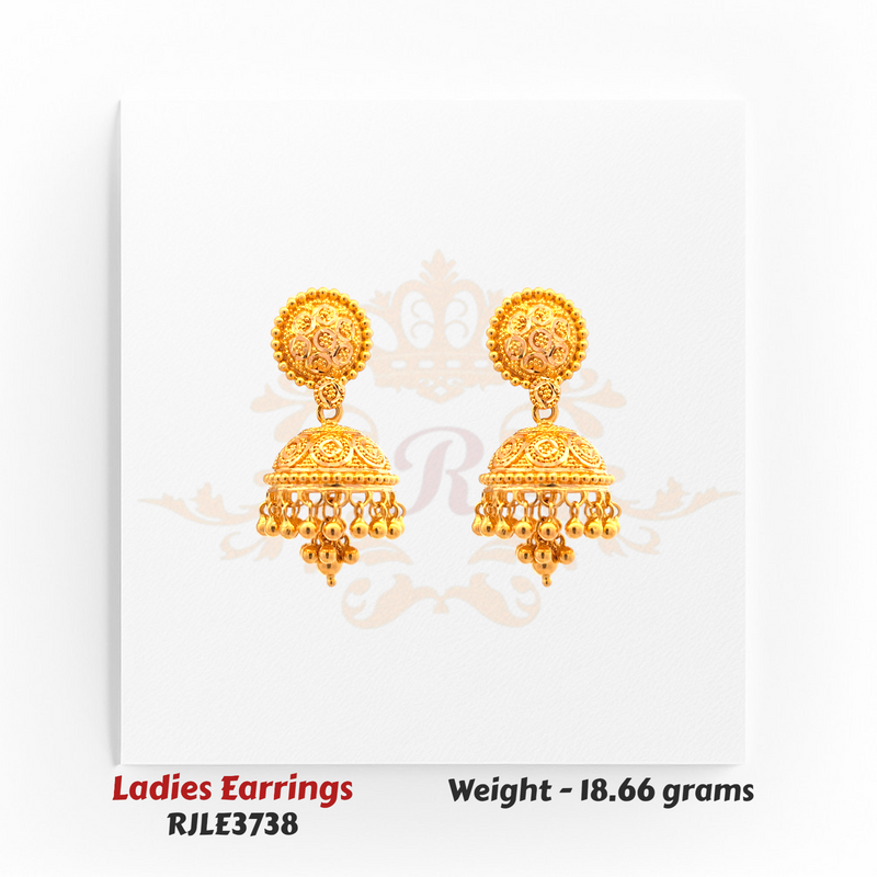 RJLE3738 – 22kt Gold Ladies Round Dome Jhumka Earrings with circular top design and tiered bead drops for a timeless ethnic appearance – Regal Jewels Chicago.