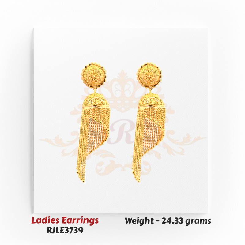 RJLE3739 – 22kt Gold Ladies Long Tassel Filigree Earrings with cascading gold chain design and ornate circular tops for a modern regal look – Regal Jewels Chicago.