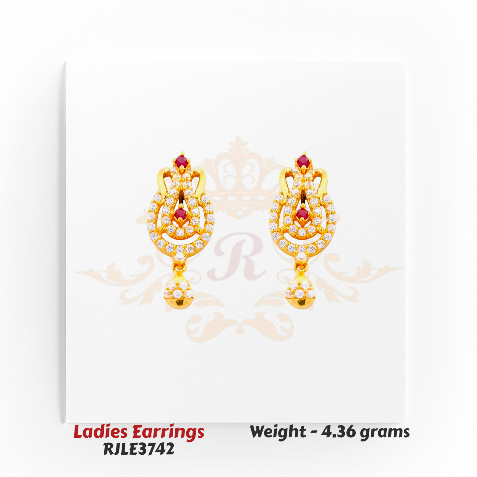 22kt gold ruby stone drop earrings RJLE3742 – intricate festive design with red stones and diamond accents – Regal Jewels Chicago.