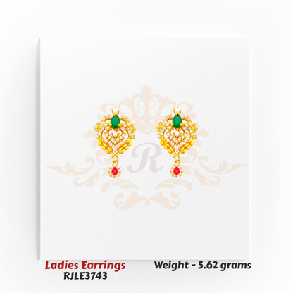 22kt gold ladies earrings RJLE3743 – emerald and ruby dual-stone combination in traditional festive pattern – Regal Jewels Chicago.