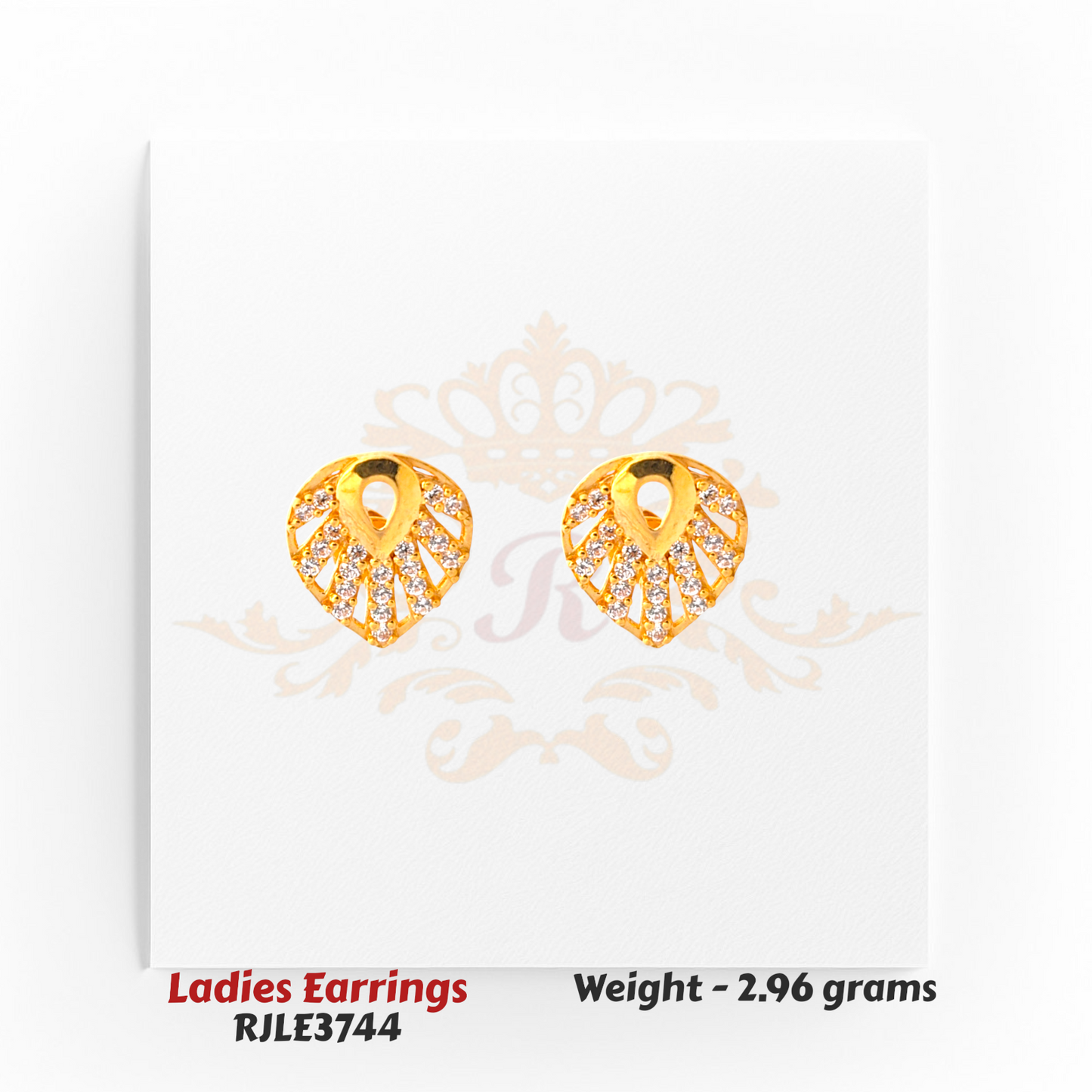 22kt gold leaf-cut designer earrings RJLE3744 – contemporary lightweight earrings with sparkling cubic accents – Regal Jewels Chicago.