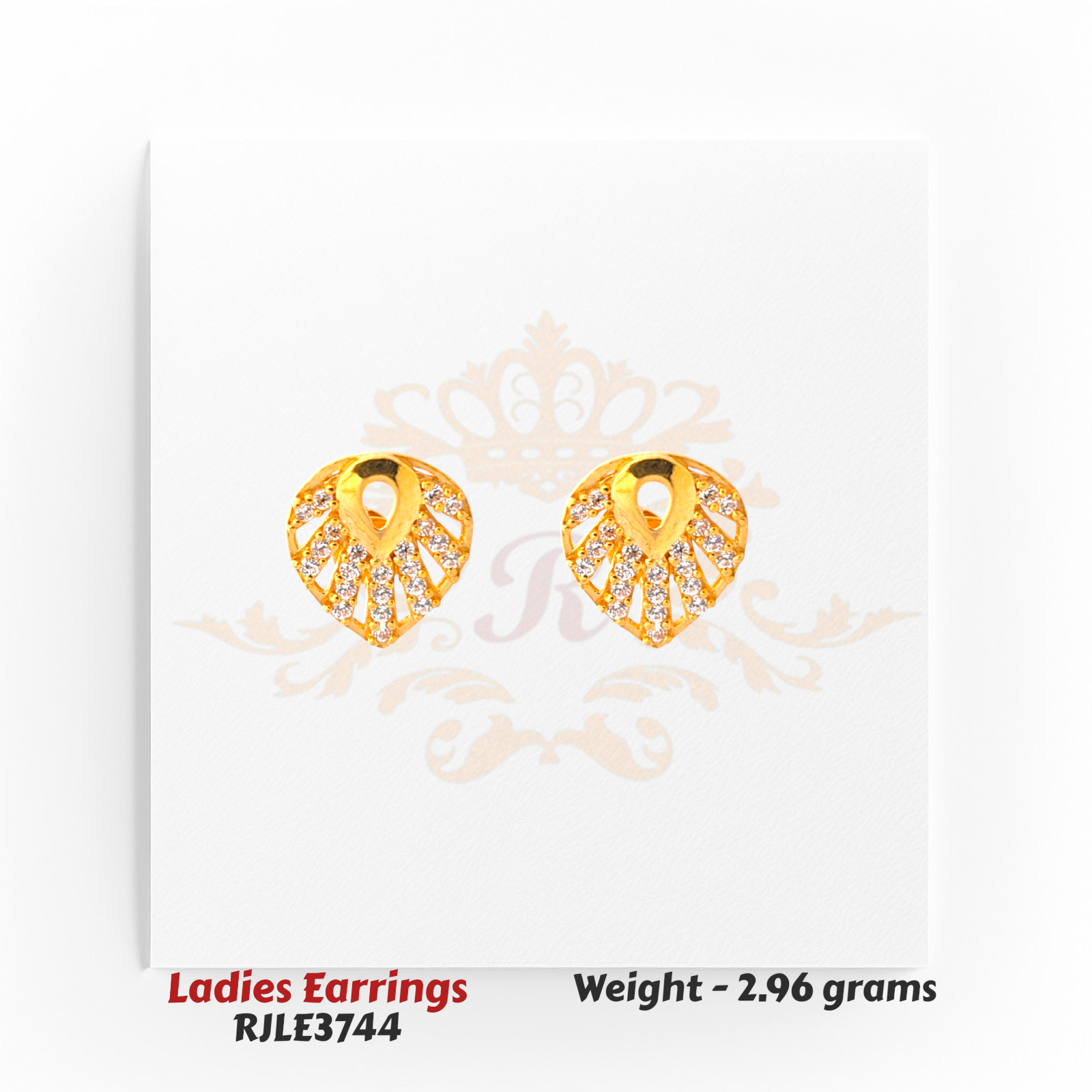 22kt gold leaf-cut designer earrings RJLE3744 – contemporary lightweight earrings with sparkling cubic accents – Regal Jewels Chicago.