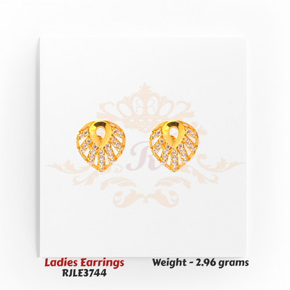 22kt gold leaf-cut designer earrings RJLE3744 – contemporary lightweight earrings with sparkling cubic accents – Regal Jewels Chicago.