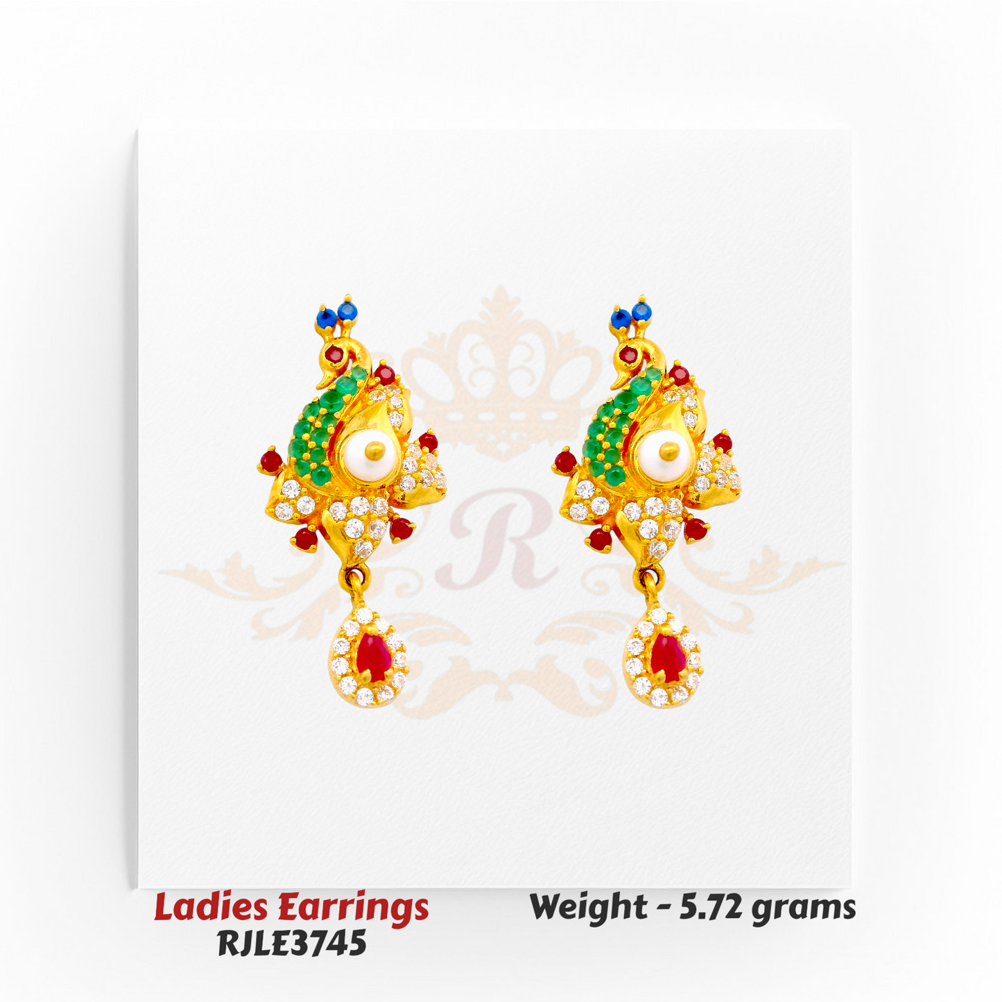 22kt gold multi-color earrings RJLE3745 – pearl drop design with vibrant red, green, and blue gemstones – Regal Jewels Chicago.