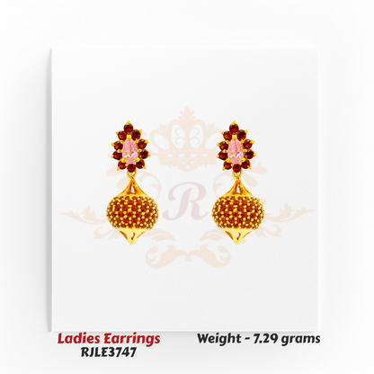 22kt gold dome-style ladies earrings RJLE3747 – bold red and pink stonework with heavy textured finish – Regal Jewels Chicago.