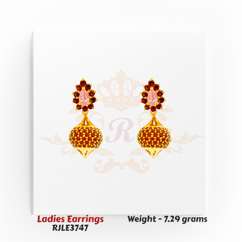 22kt gold dome-style ladies earrings RJLE3747 – bold red and pink stonework with heavy textured finish – Regal Jewels Chicago.