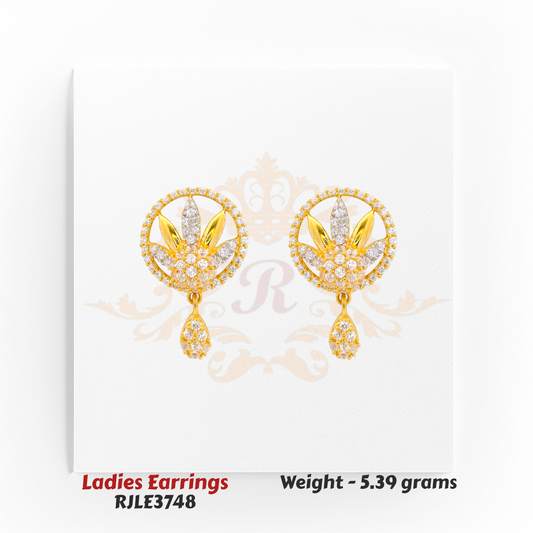 22kt gold lotus-inspired circular earrings RJLE3748 – dual-tone floral motif with teardrop dangles – Regal Jewels Chicago.