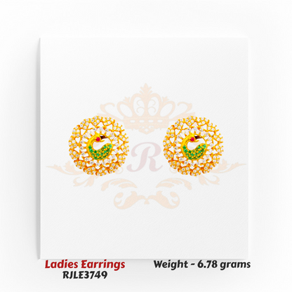 22kt gold peacock design earrings RJLE3749 – round stud pattern with green and red stone detailing – Regal Jewels Chicago.