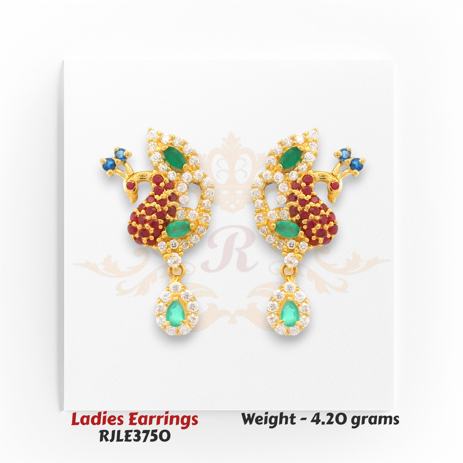 Peacock-style ladies gold earrings with red ruby and green emerald stones, diamond accents, 4.20 grams – Regal Jewels Chicago