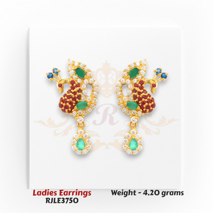 Peacock-style ladies gold earrings with red ruby and green emerald stones, diamond accents, 4.20 grams – Regal Jewels Chicago
