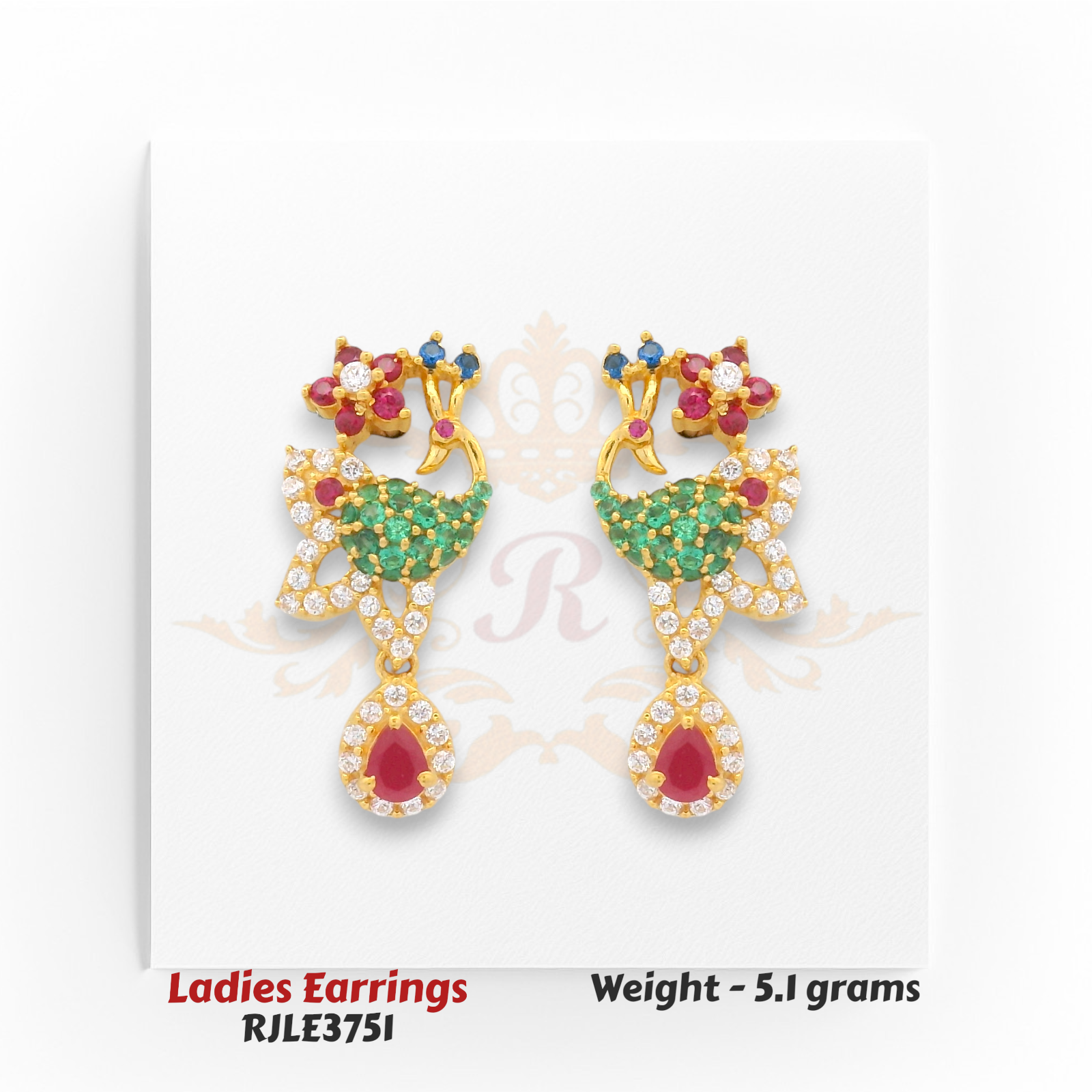 Elegant peacock design gold earrings with green emeralds, red rubies, and white CZ diamonds, 5.1 grams – Regal Jewels Chicago