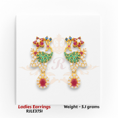 Elegant peacock design gold earrings with green emeralds, red rubies, and white CZ diamonds, 5.1 grams – Regal Jewels Chicago