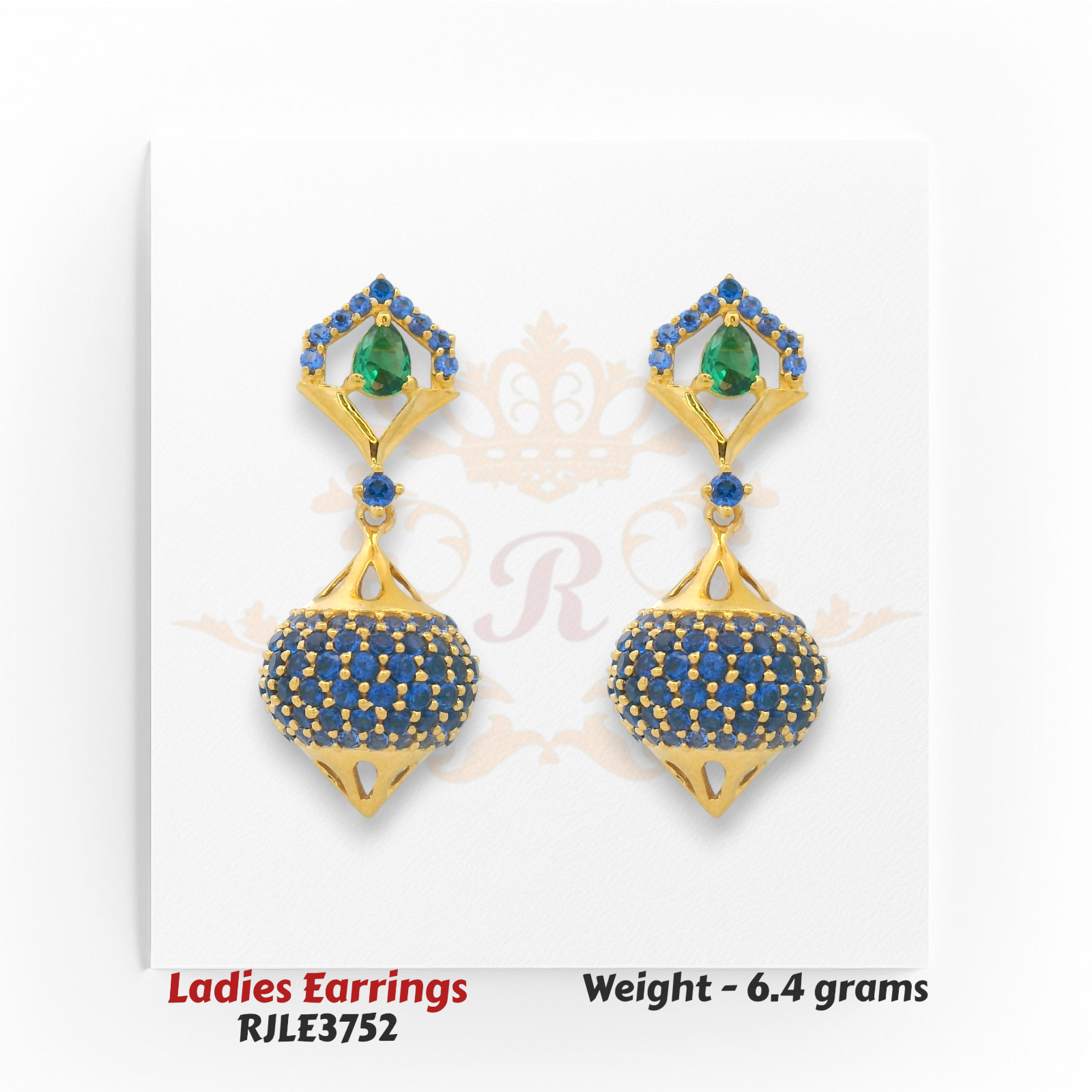 Designer blue sapphire and green emerald gold drop earrings, modern dome pattern, 6.4 grams – Regal Jewels Chicago