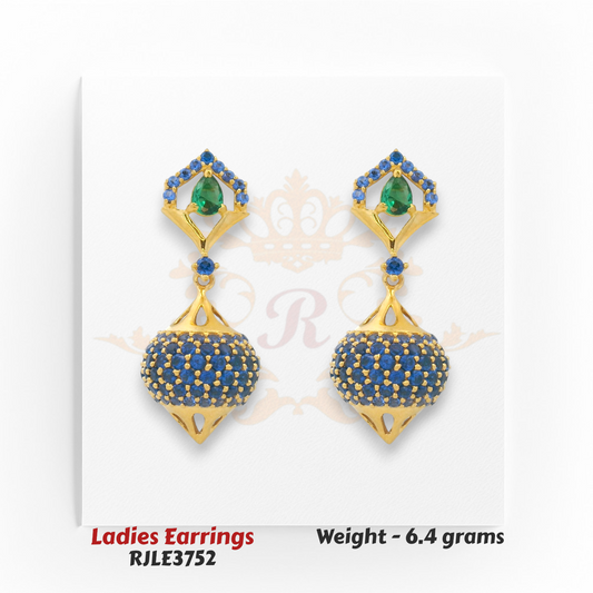 Designer blue sapphire and green emerald gold drop earrings, modern dome pattern, 6.4 grams – Regal Jewels Chicago