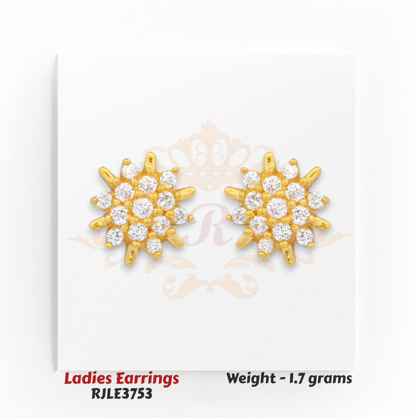 Floral stud ladies gold earrings with sparkling white CZ diamonds, lightweight 1.7 grams – Regal Jewels Chicago