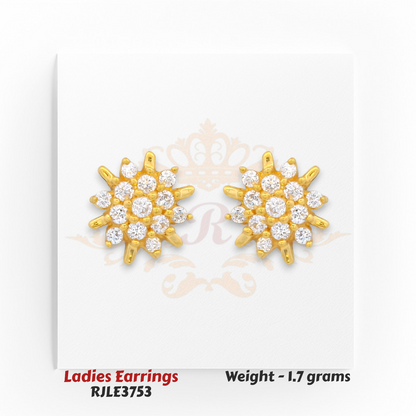 Floral stud ladies gold earrings with sparkling white CZ diamonds, lightweight 1.7 grams – Regal Jewels Chicago