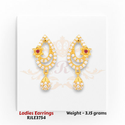 Dual-loop teardrop gold earrings with red ruby floral motif and diamond setting, 3.15 grams – Regal Jewels Chicago