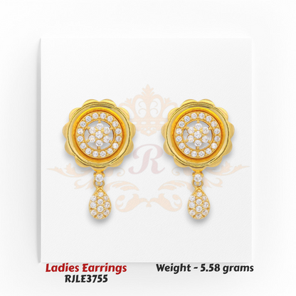 Round floral gold earrings with diamond drop, traditional festive jewelry, 5.58 grams – Regal Jewels Chicago