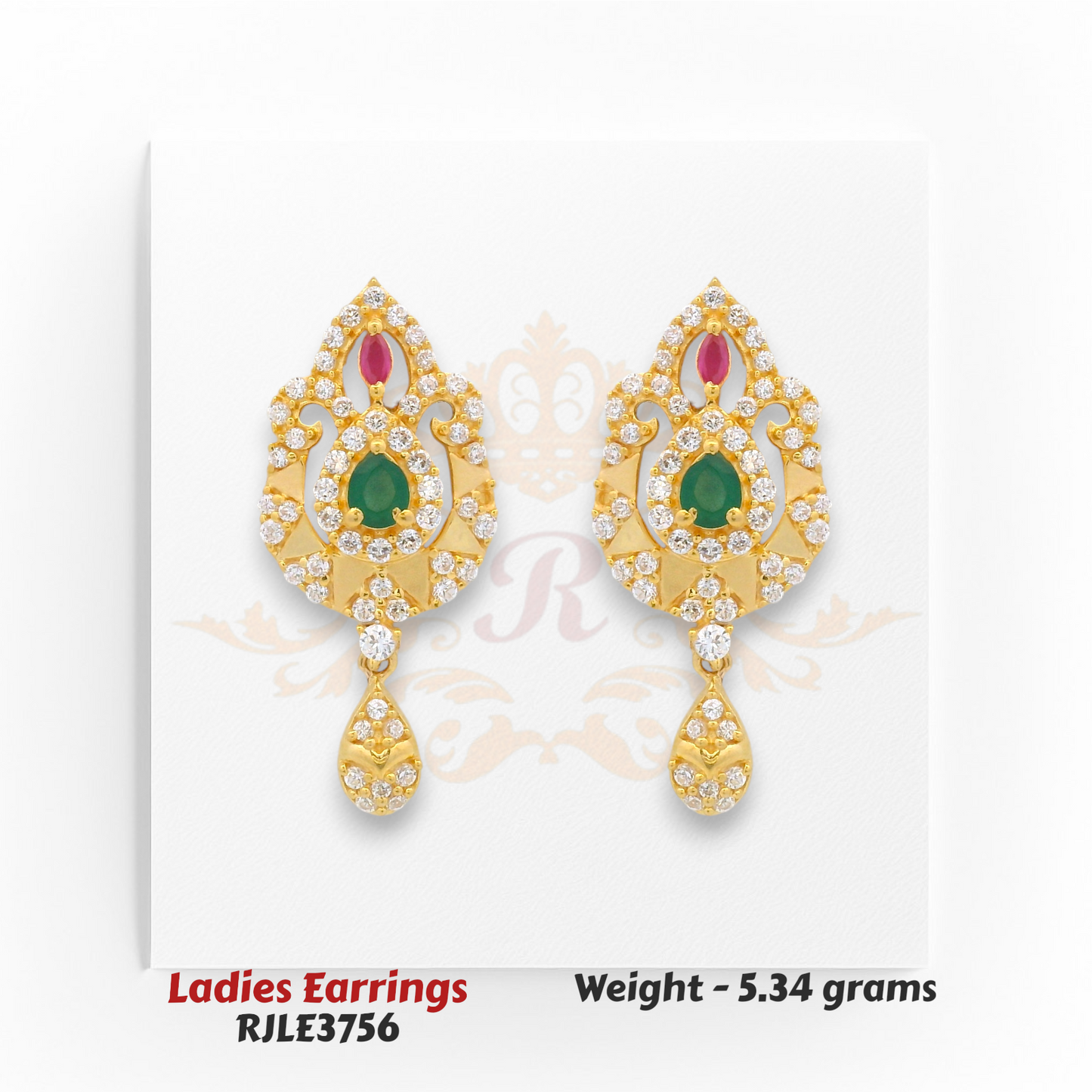 Elegant gold drop earrings with green emerald and red ruby stones in leaf pattern, 5.34 grams – Regal Jewels Chicago