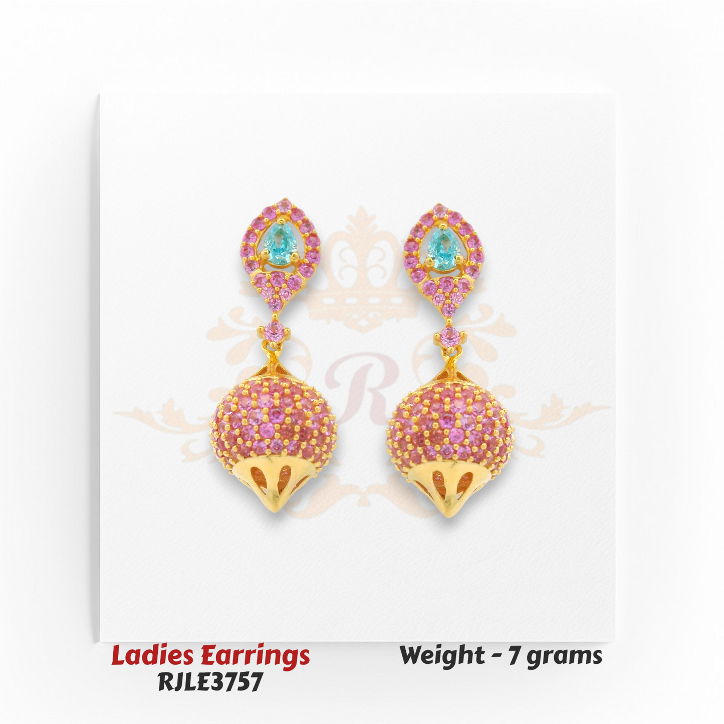 Luxury pink sapphire and blue topaz dome gold earrings, statement designer style, 7 grams – Regal Jewels Chicago