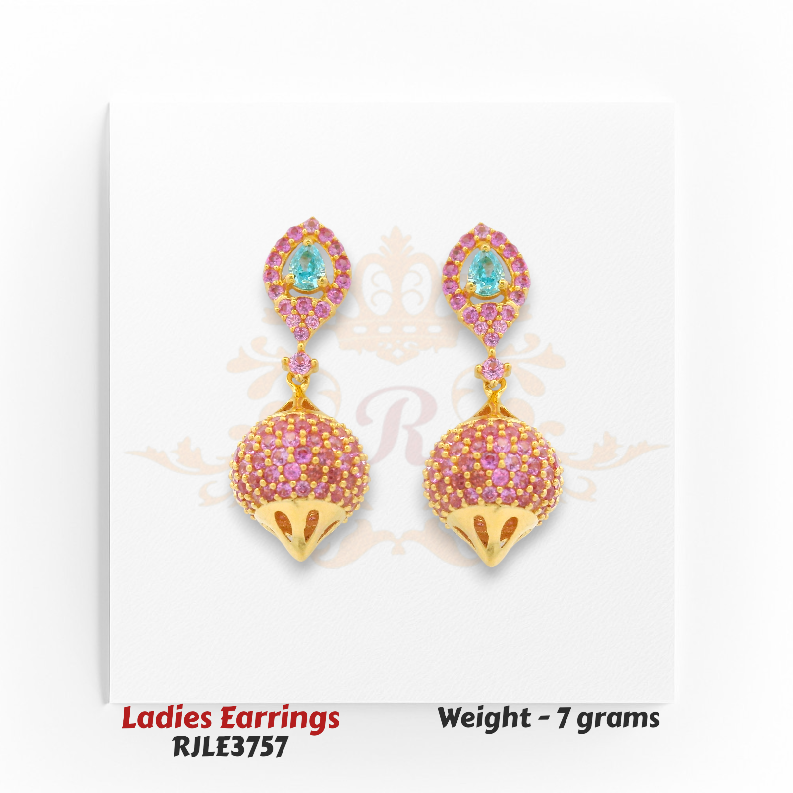 Luxury pink sapphire and blue topaz dome gold earrings, statement designer style, 7 grams – Regal Jewels Chicago